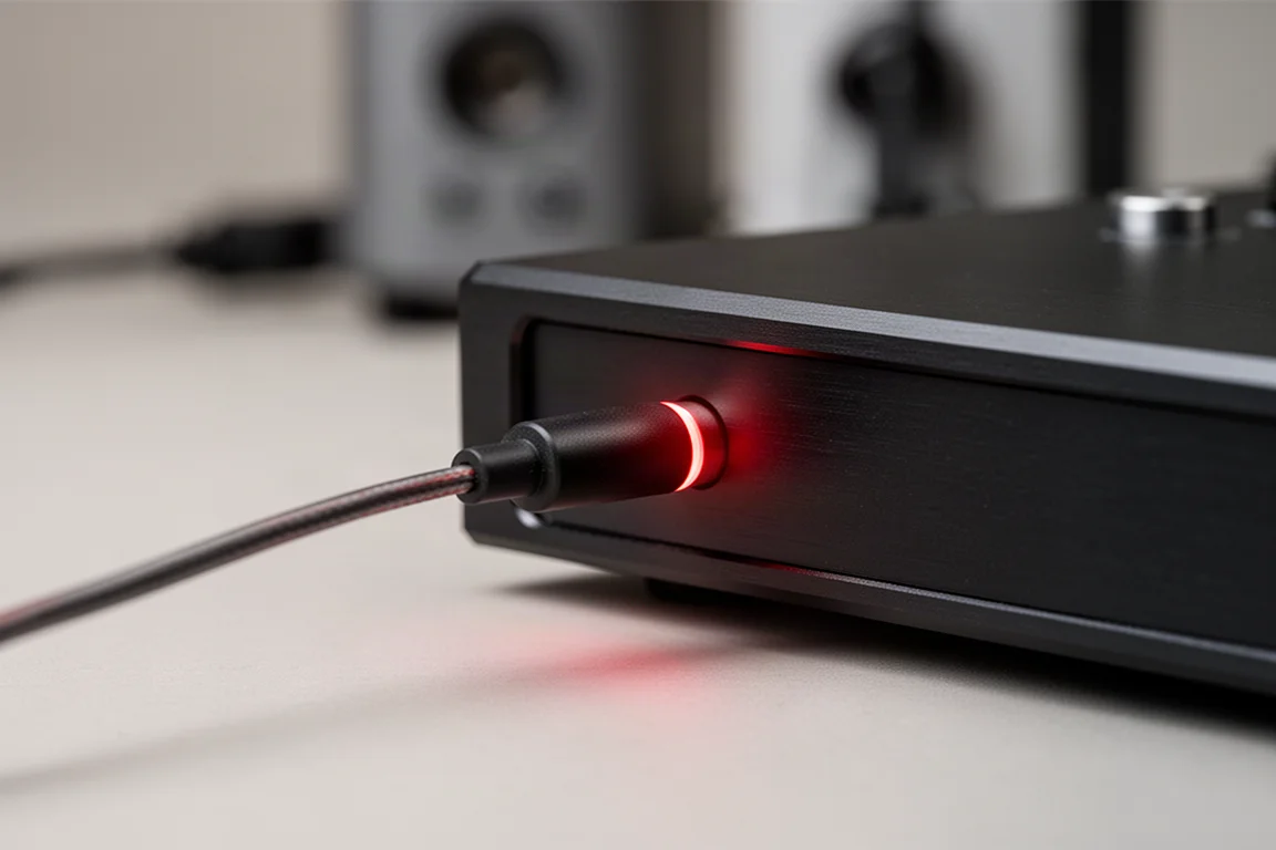Optisches Kabel im Seitenpanel eines kompakten Desktop-Audio-Interface