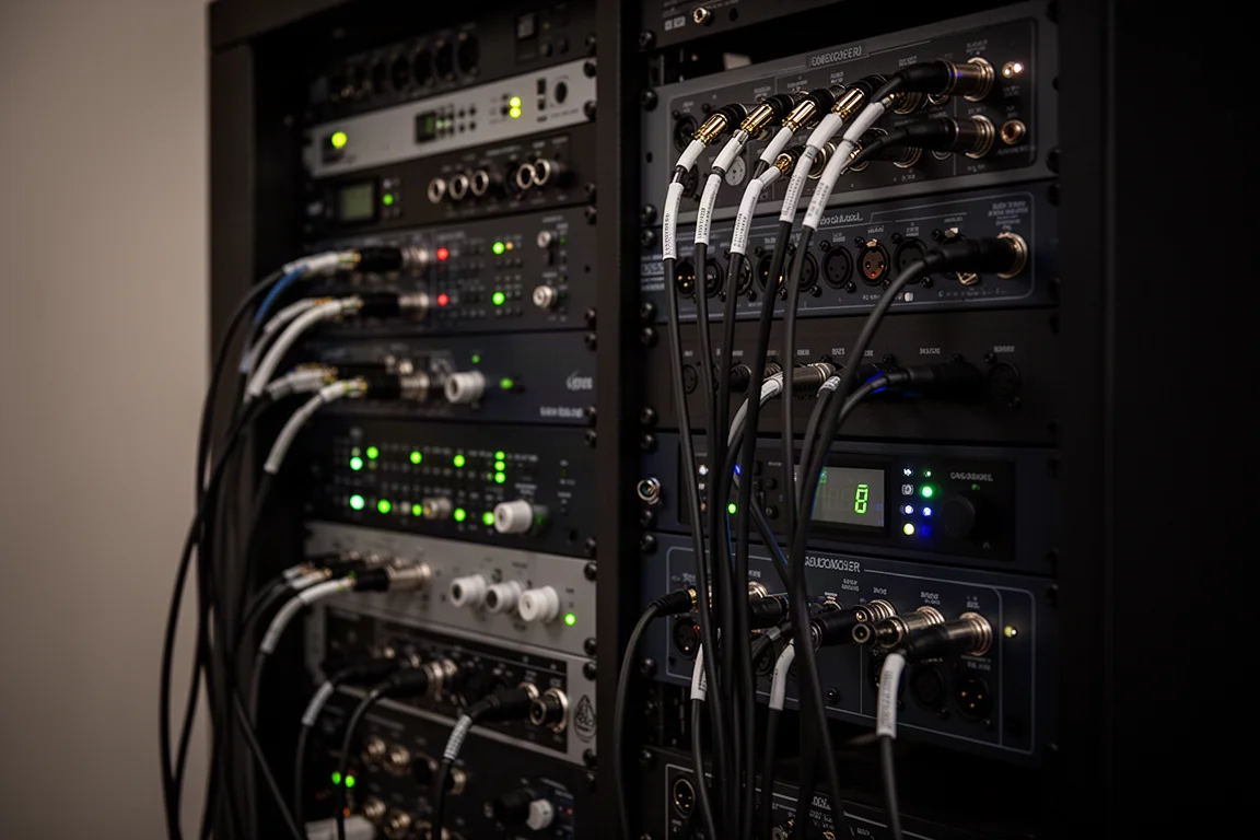 Dunkles Studiorack mit eingebautem Audio-Equipment und sauber verlegten Kabeln