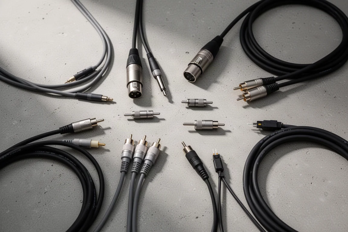 Draufsicht auf XLR-, TRS-, RCA- und optische Kabel auf Beton