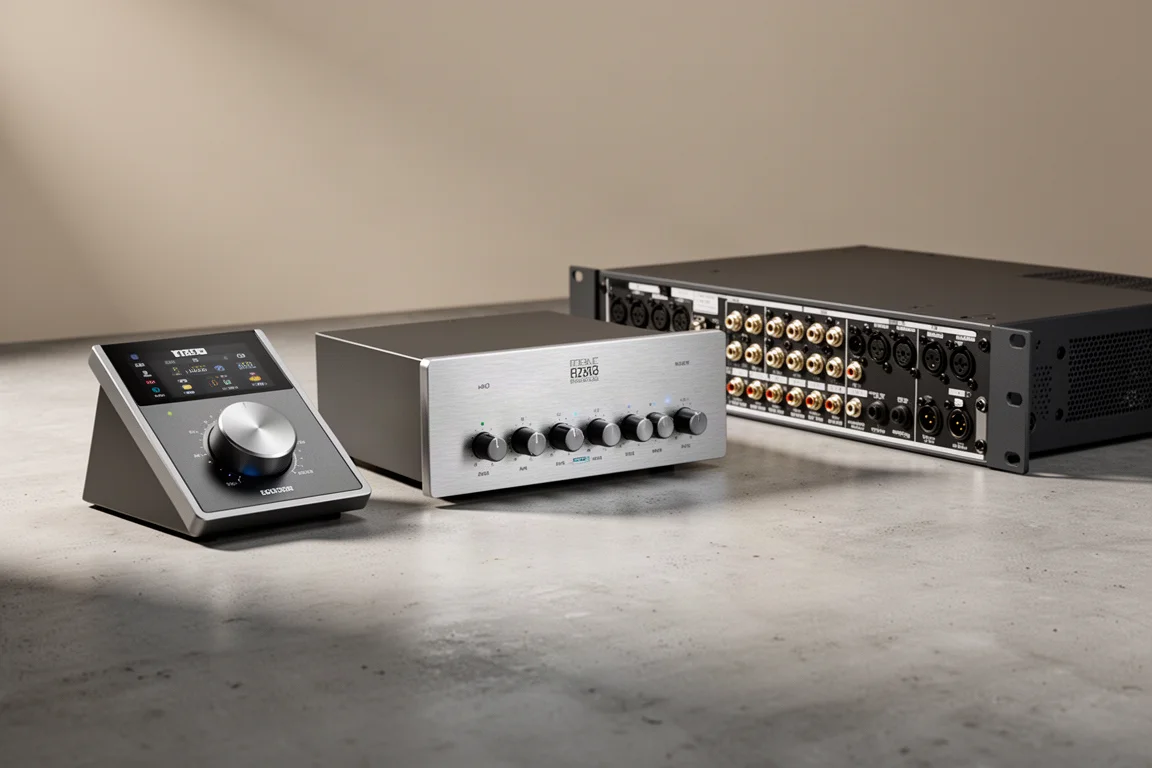 Three RME audio interfaces of different sizes arranged on a concrete surface