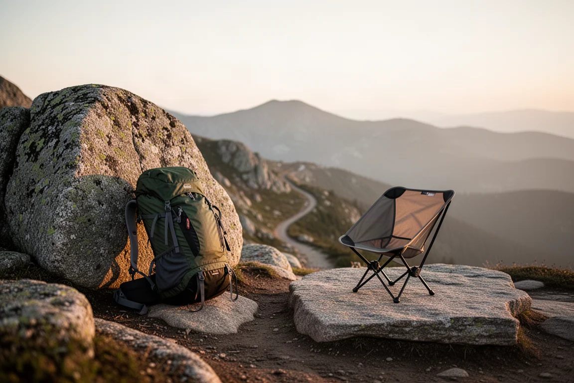 Backpack leaning on a granite boulder at golden hour with a low camp chair nearby