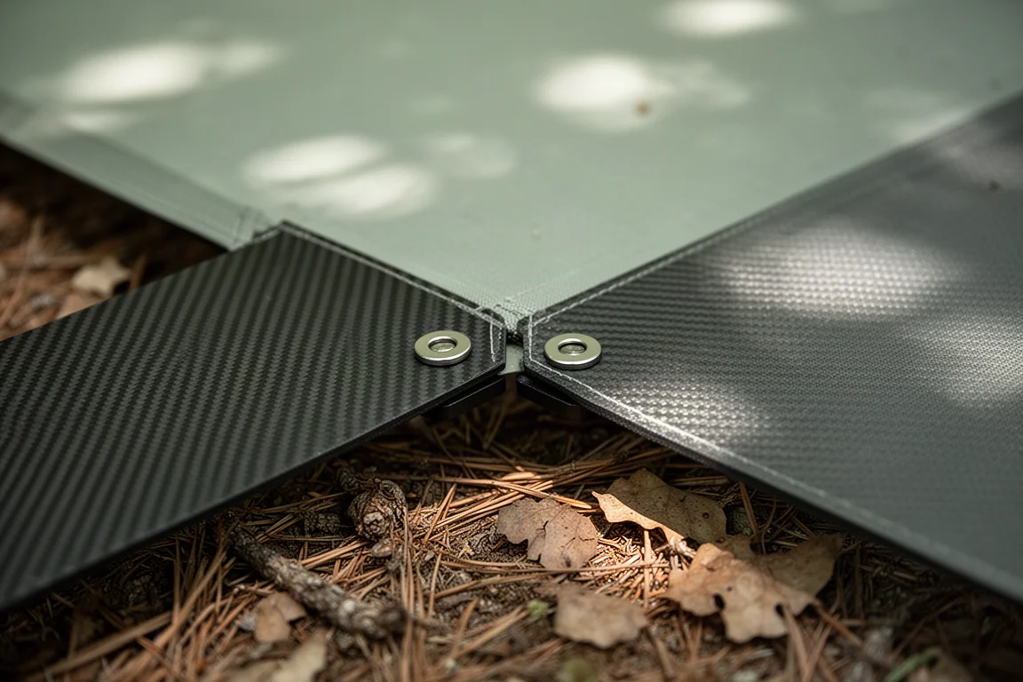 Macro view of two woven carbon panels meeting on a forest floor with pine needles