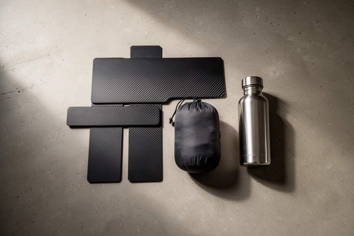 Overhead flat-lay of slim carbon panels with a stuff sack and water bottle for scale