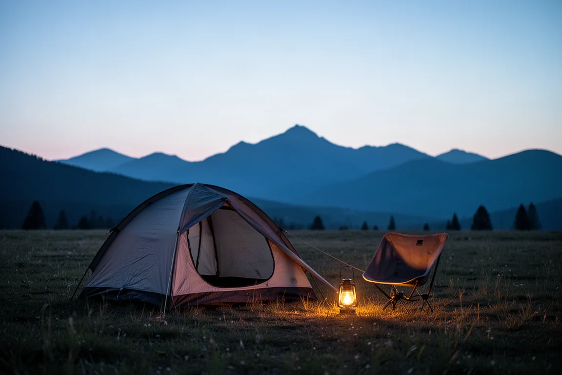 Evening campsite with a small tent and a low camp chair beside a glowing lantern