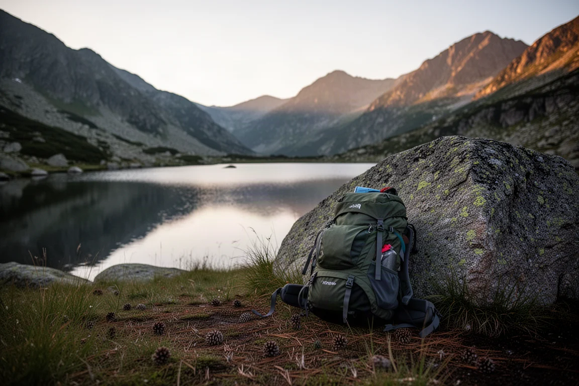 Sac à dos posé contre un rocher de granite sur un campement alpin au crépuscule