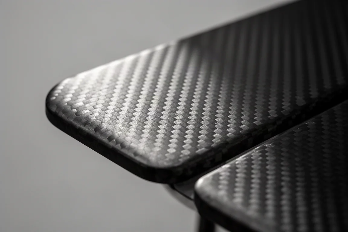 Gros plan de la texture mate d'un panneau en fibre de carbone tissée sous une lumière rasante