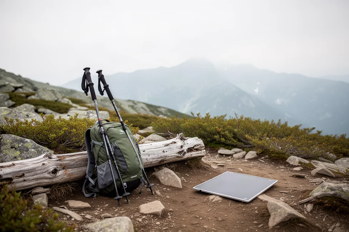 Halte le long d'un sentier sur une crête rocheuse avec bâtons de randonnée et un sac à dos de jour