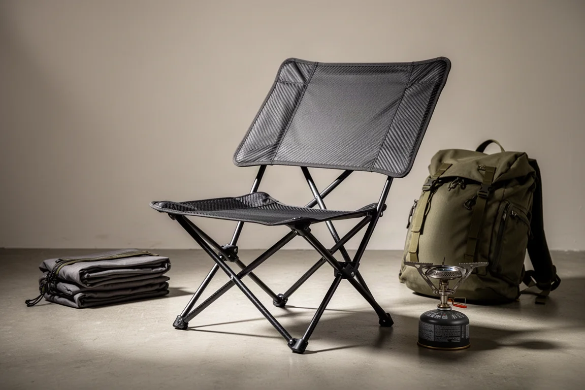 Carbon fiber camping chair assembled on concrete beside a backpack and camp stove