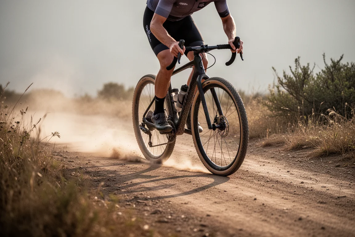 Ciclista gravel che affronta una curva in piega su una strada sterrata asciutta con la polvere sollevata