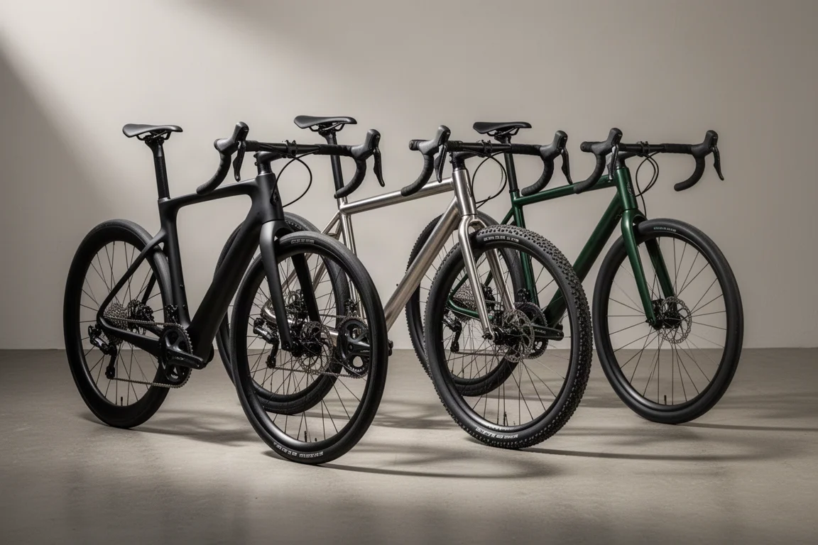 Drie race- en gravelfietsen op een matte betonnen studiovloer