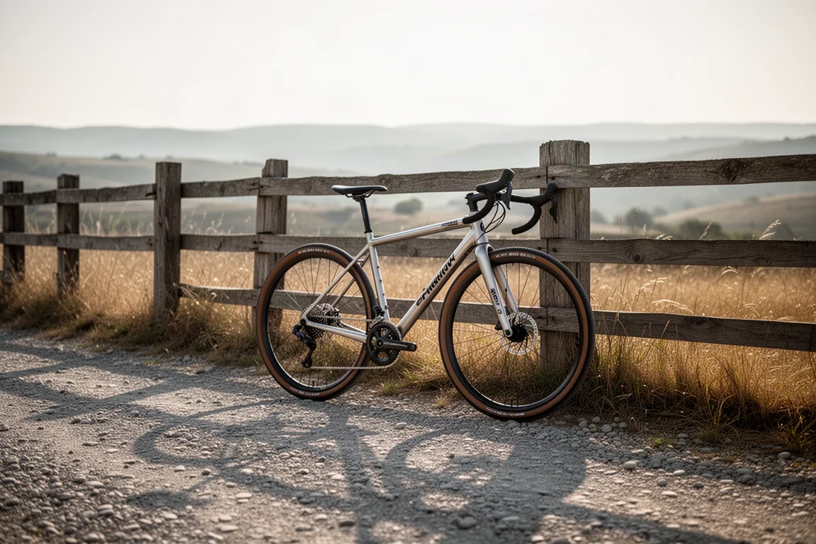 Titan-Gravelbike lehnt an einem Holzzaun neben einem losen Schotterweg