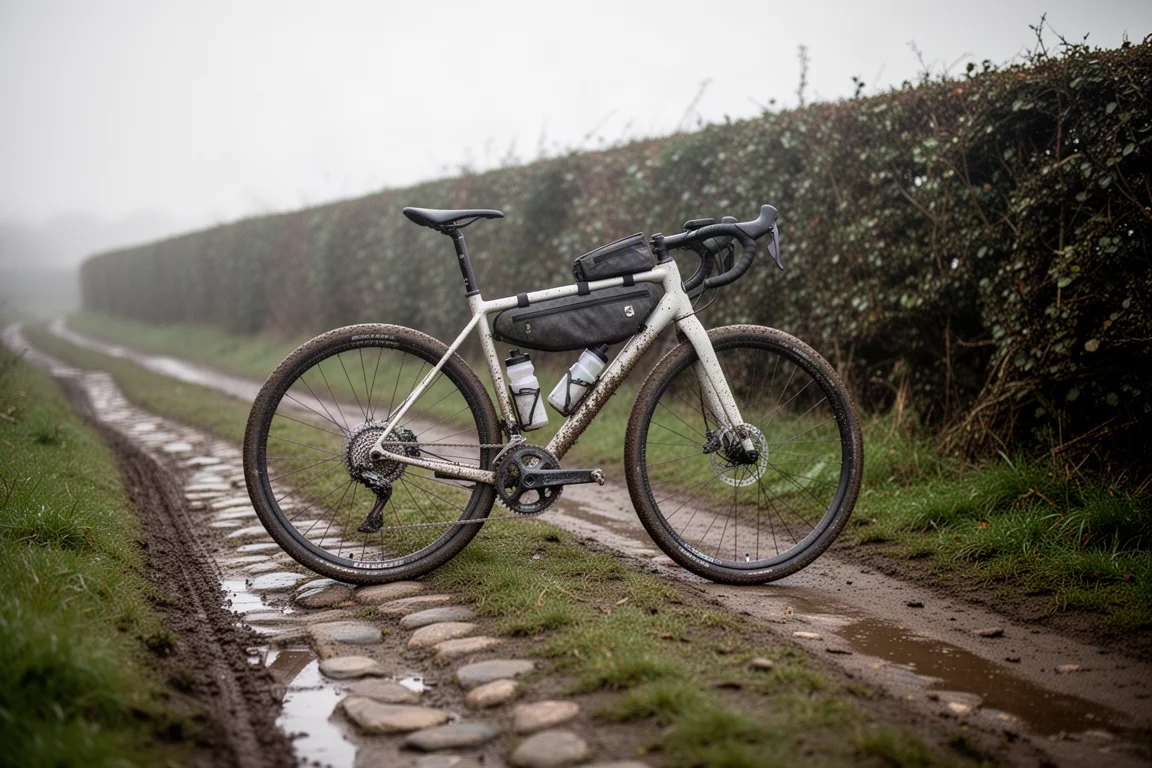 Beladenes Gravelbike ruht auf einem ausgefahrenen Feldweg neben einer hohen Hecke