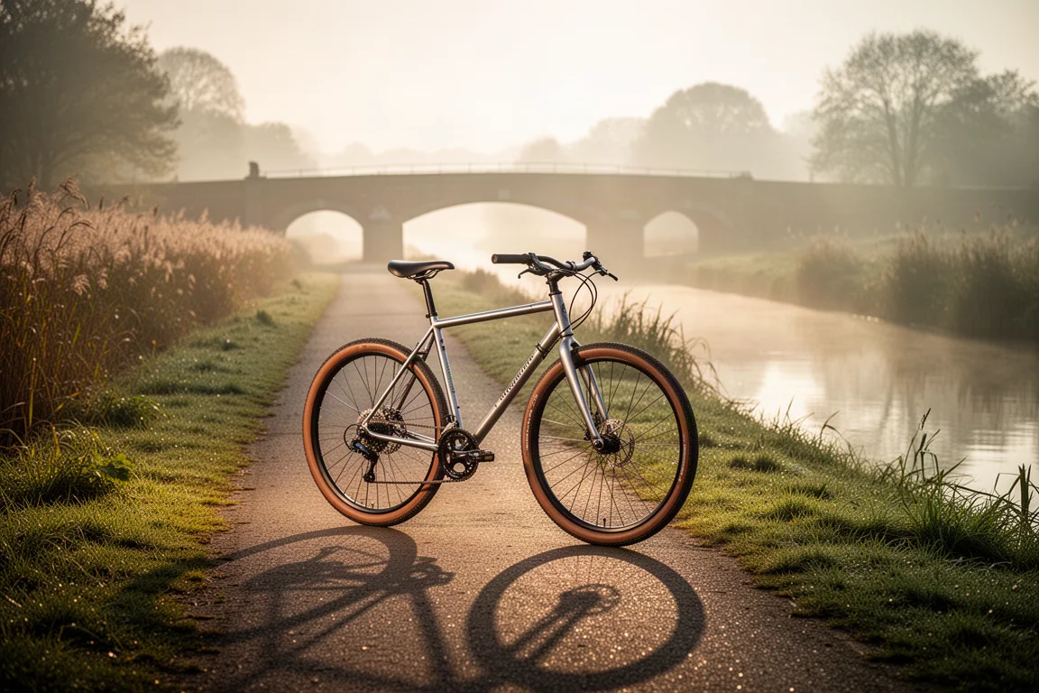 Stahl-Gravelbike parkt auf einem Kanaluferweg im warmen Sonnenaufgangslicht