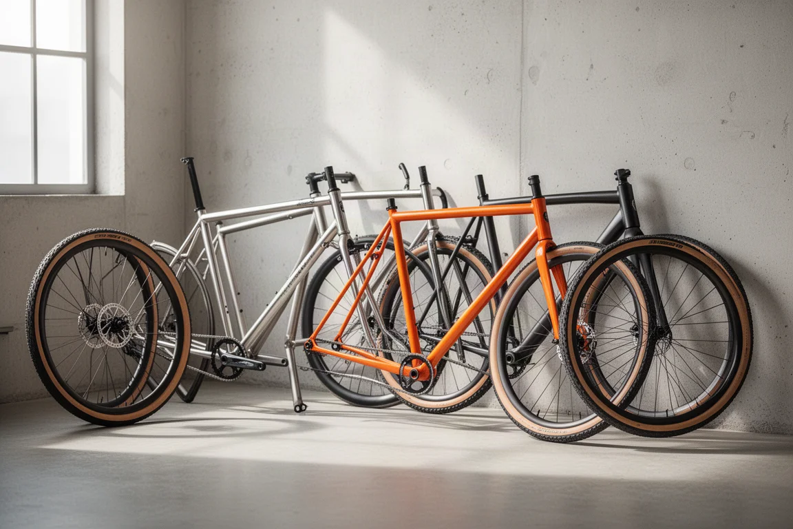Bicycle frames and wheels arranged in a bright workshop against a pale concrete wall