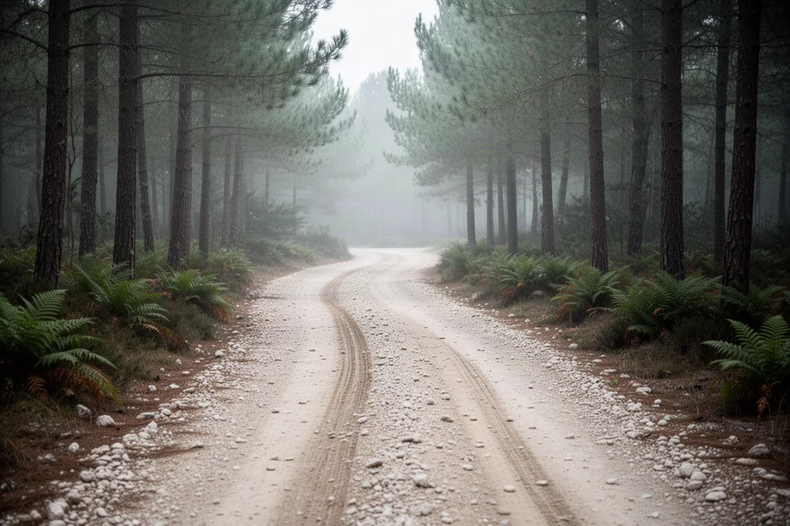 Trilha de gravel serpenteando por uma floresta de pinheiros com marcas de pneus na terra