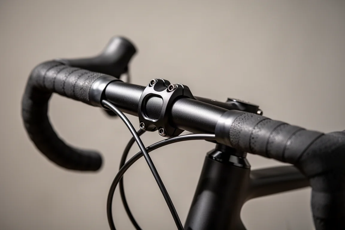 Detalhe do guidão e da mesa de duas peças de uma bike de estrada, com conduítes entrando no quadro