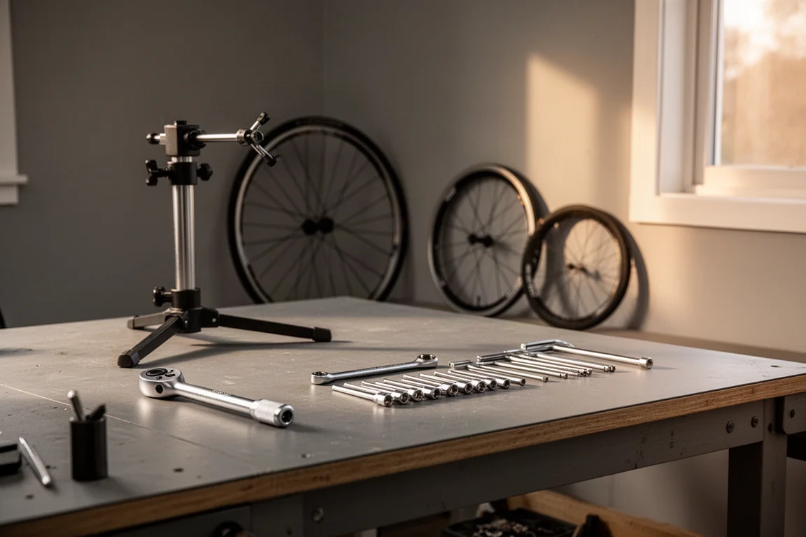 Bancada de oficina caseira com ferramentas de bike, suporte de reparo e uma roda sobressalente