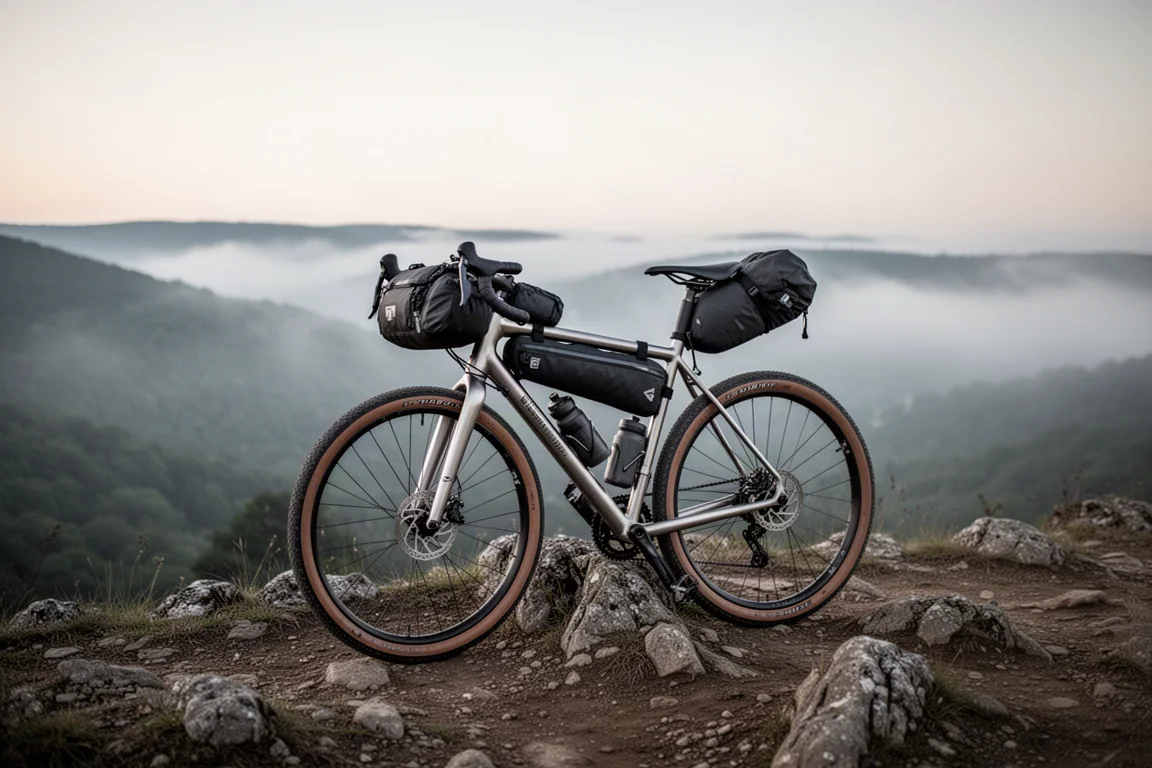 Bici gravel carica appoggiata su un sentiero roccioso di cresta all'alba con nebbia in basso