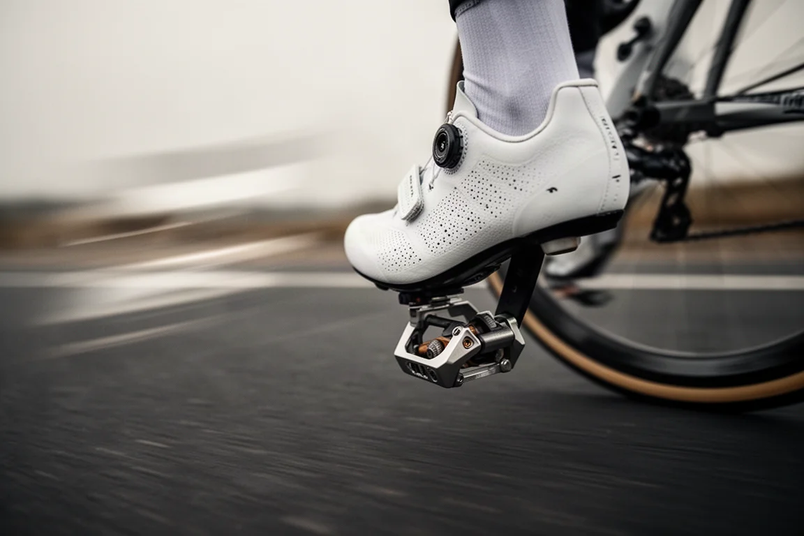Primo piano di una scarpa da ciclismo su strada agganciata al pedale su asfalto liscio