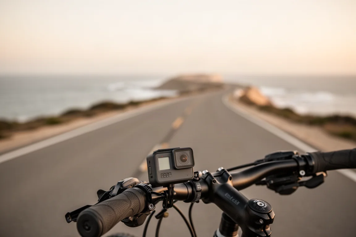 Action camera compatta fissata al manubrio di una bici su una strada costiera