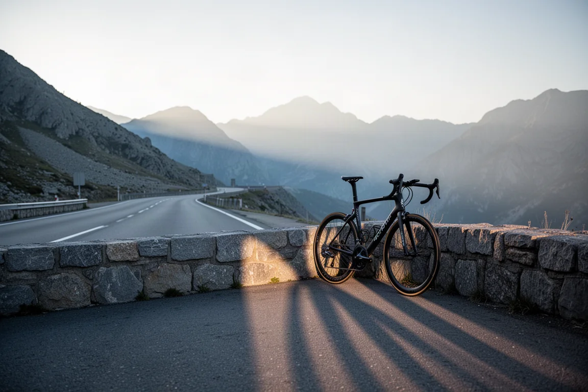 Bici da strada aero in controluce su una strada di passo di montagna deserta all'alba