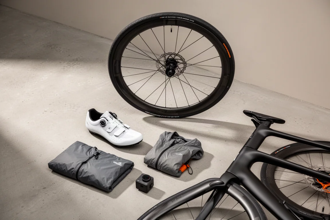 Roue gravel en carbone, chaussure route blanche, veste de pluie, caméra d'action et cadre de vélo aéro sur béton