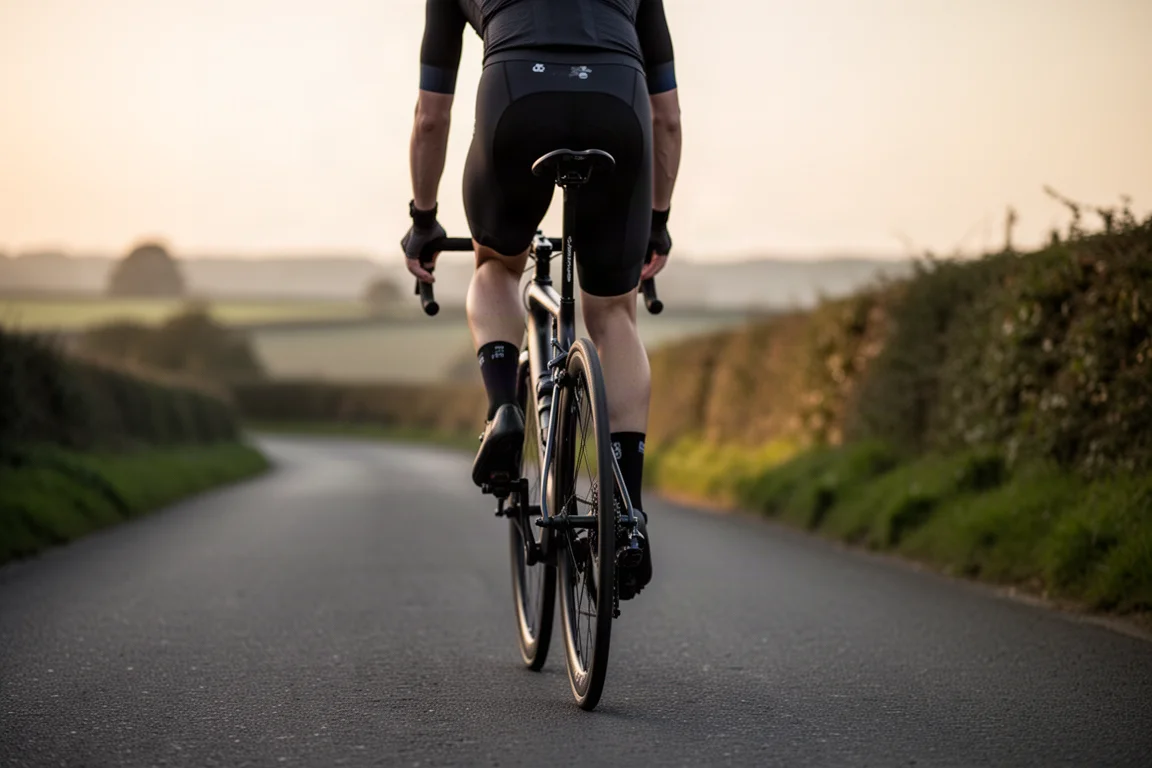 Ciclista de carretera rodando sobre asfalto tranquilo a la hora dorada, visto desde atrás