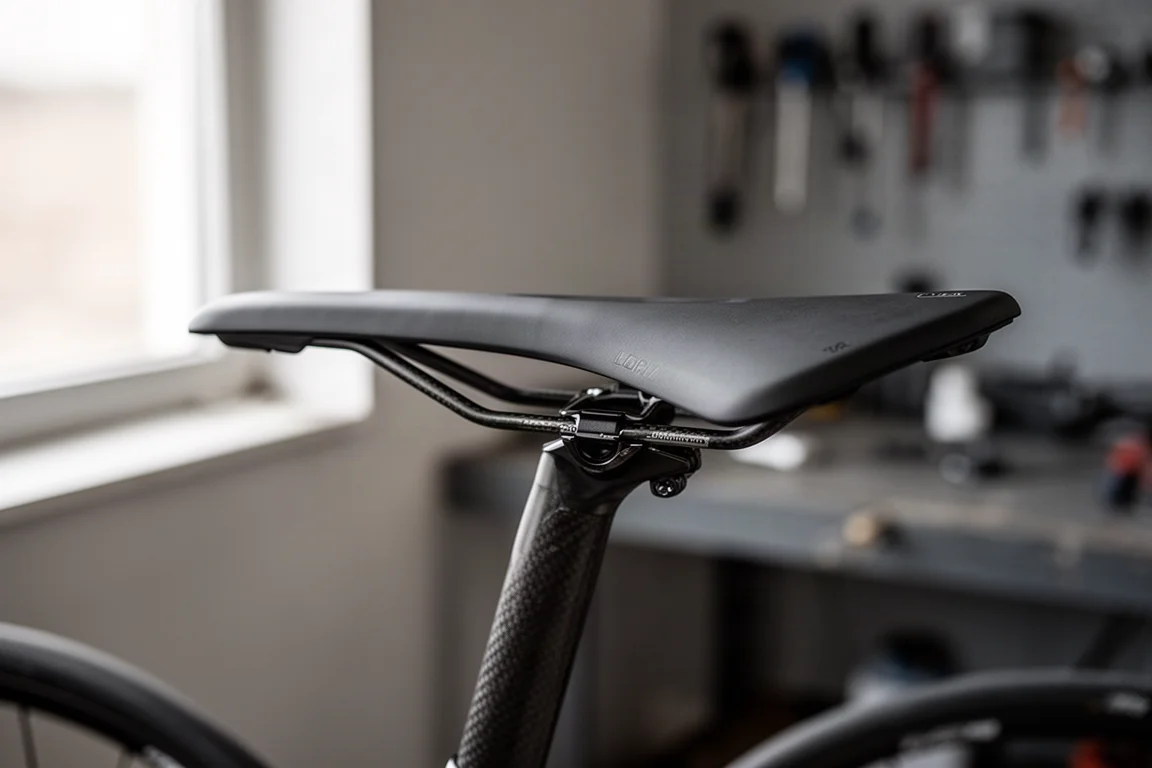 Primer plano de un sillín de carretera estrecho montado sobre una tija de carbono