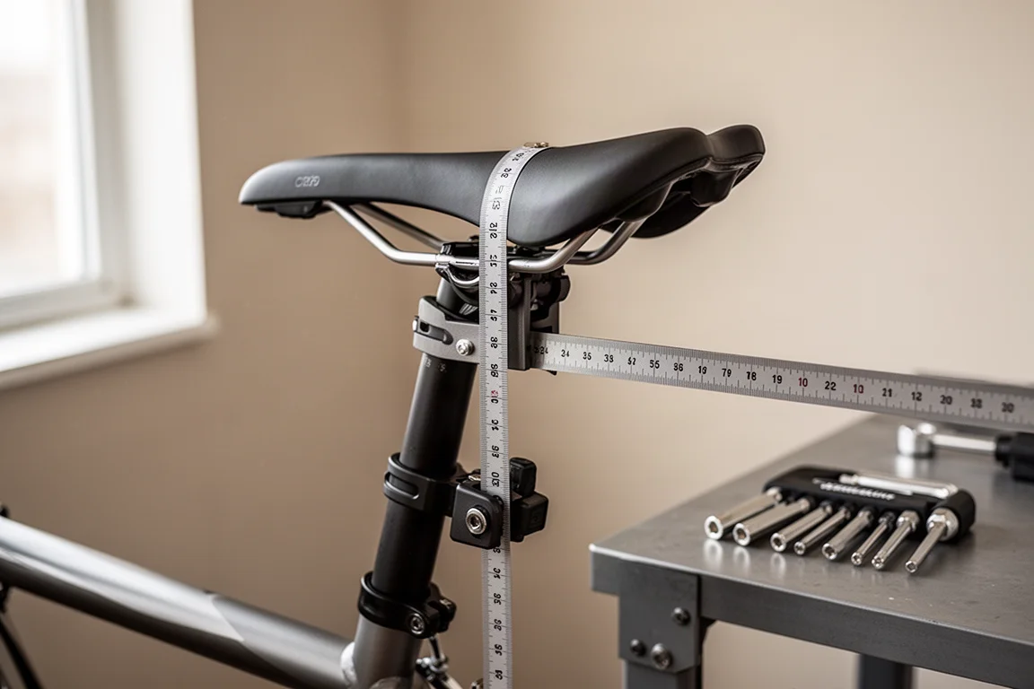 Bicycle saddle on a fitting rig with a measuring tape along its length
