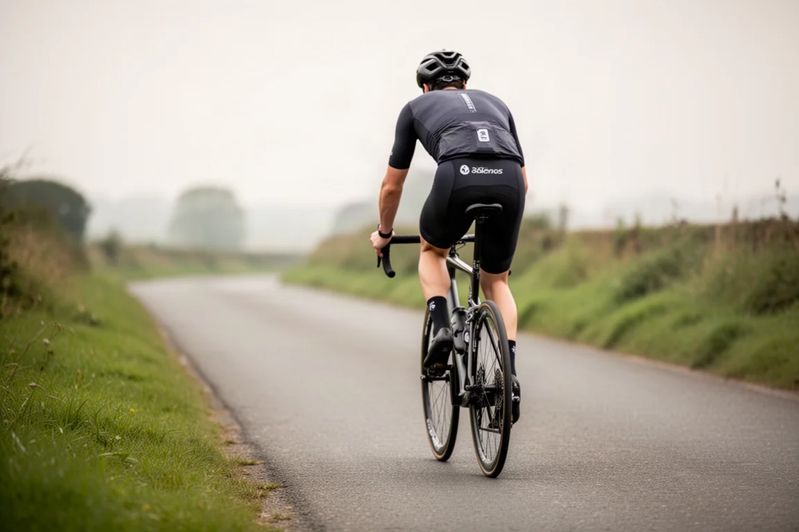Road cyclist riding away on a quiet country road in overcast light