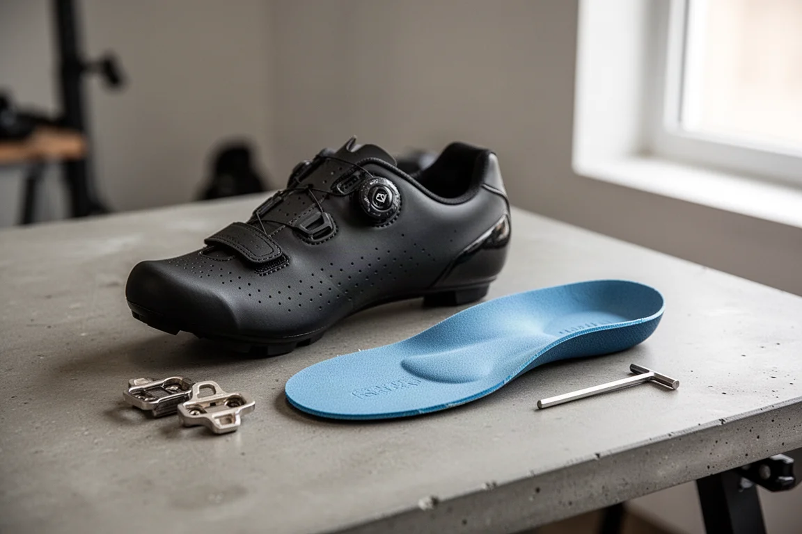 Cycling shoe with an arch support insole and cleats on a workbench