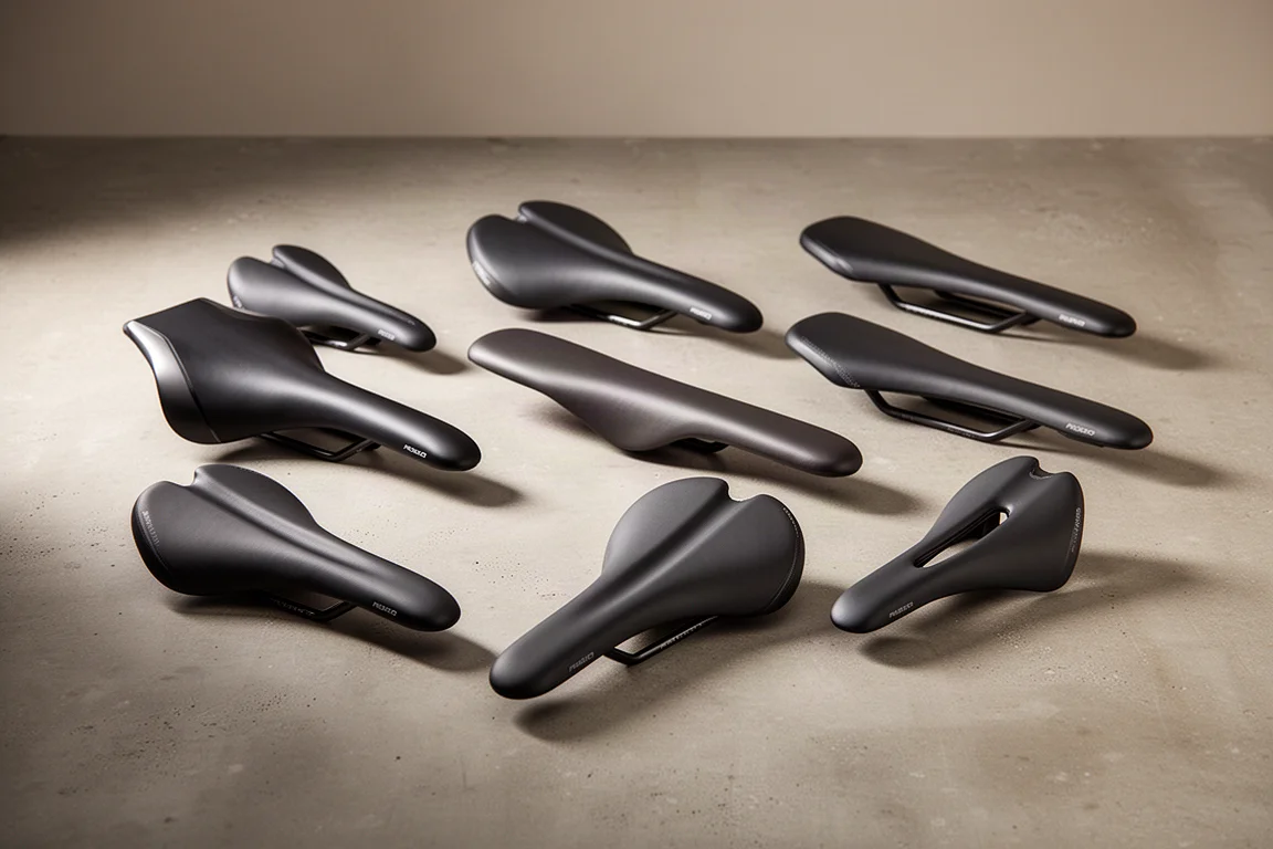 Neuf selles de vélo disposées en grille lâche sur une surface en béton mat