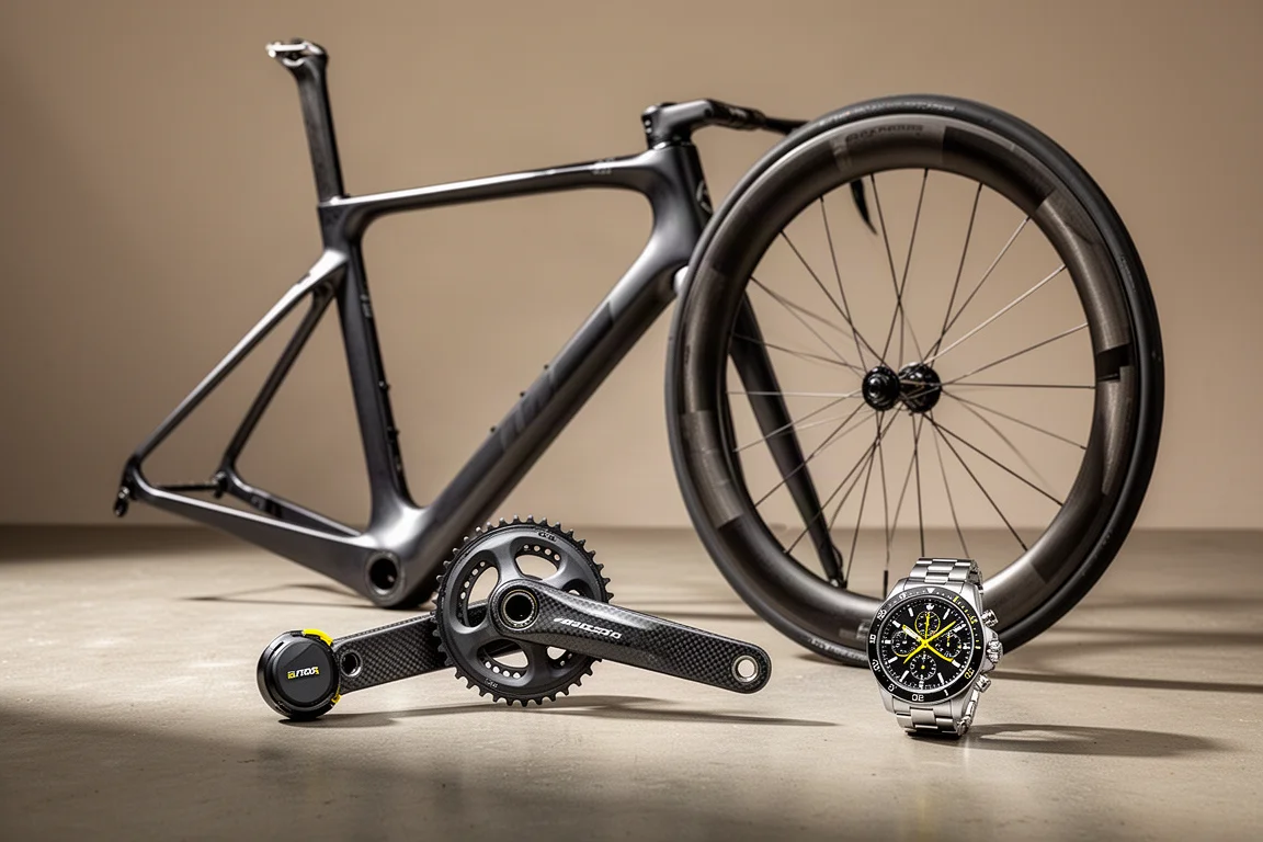 Carbon road frame, crankset, deep-section wheel and automatic watch arranged on concrete