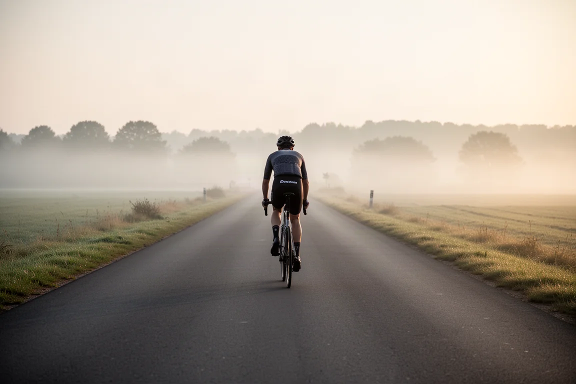 Ciclista de carretera rodando por una carretera de asfalto vacía al amanecer