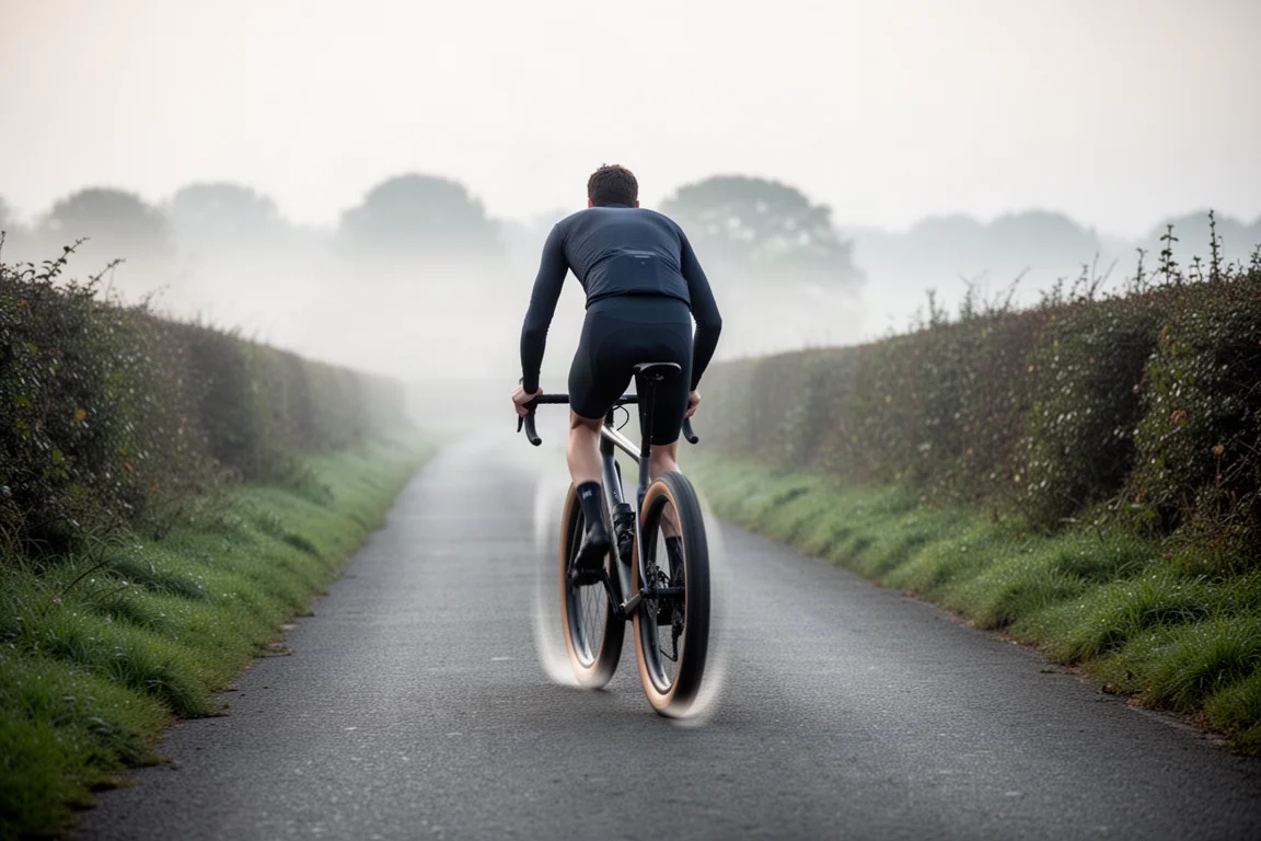 Wielrenner op een allroad-fiets op een mistige landweg bij zonsopgang