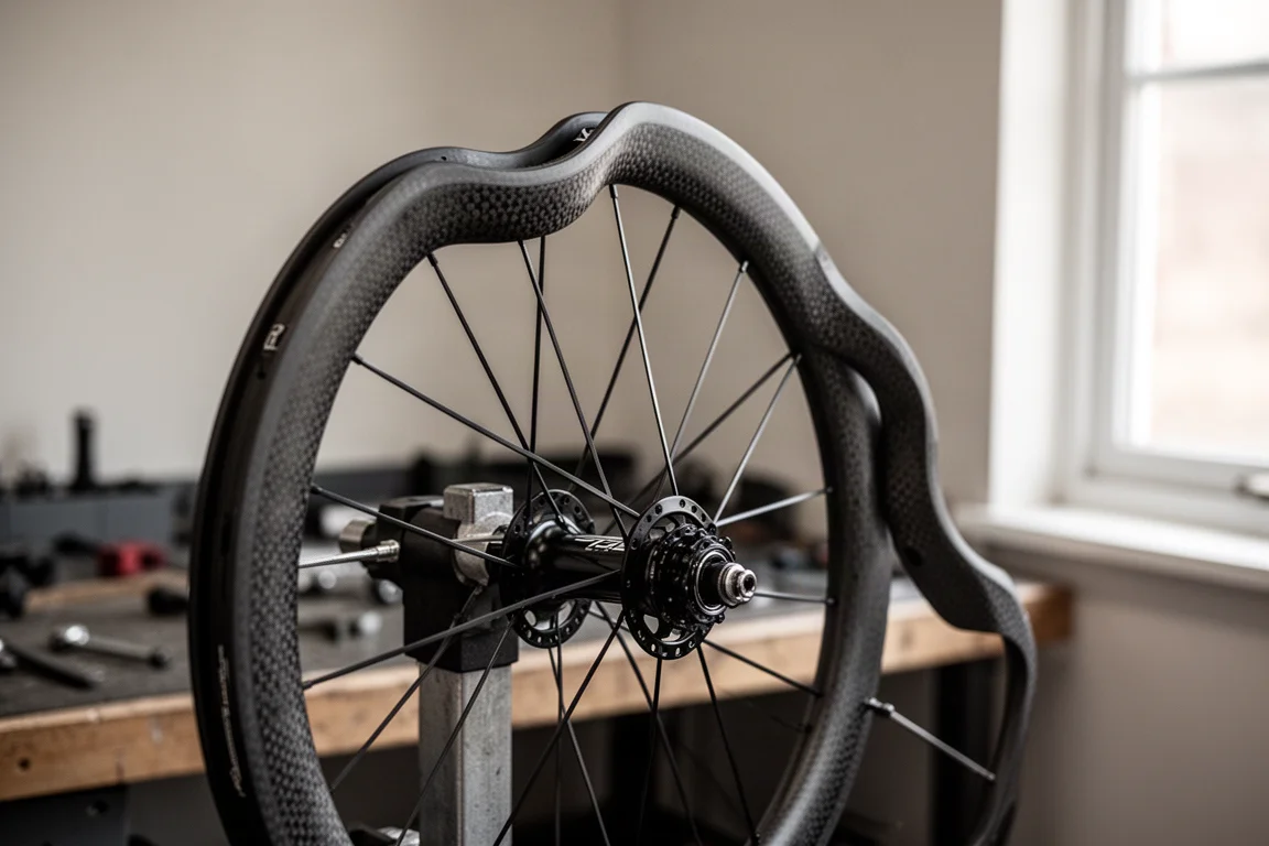 Close-up van een diepe carbon velg, spaken en naaf van een fiets op een standaard