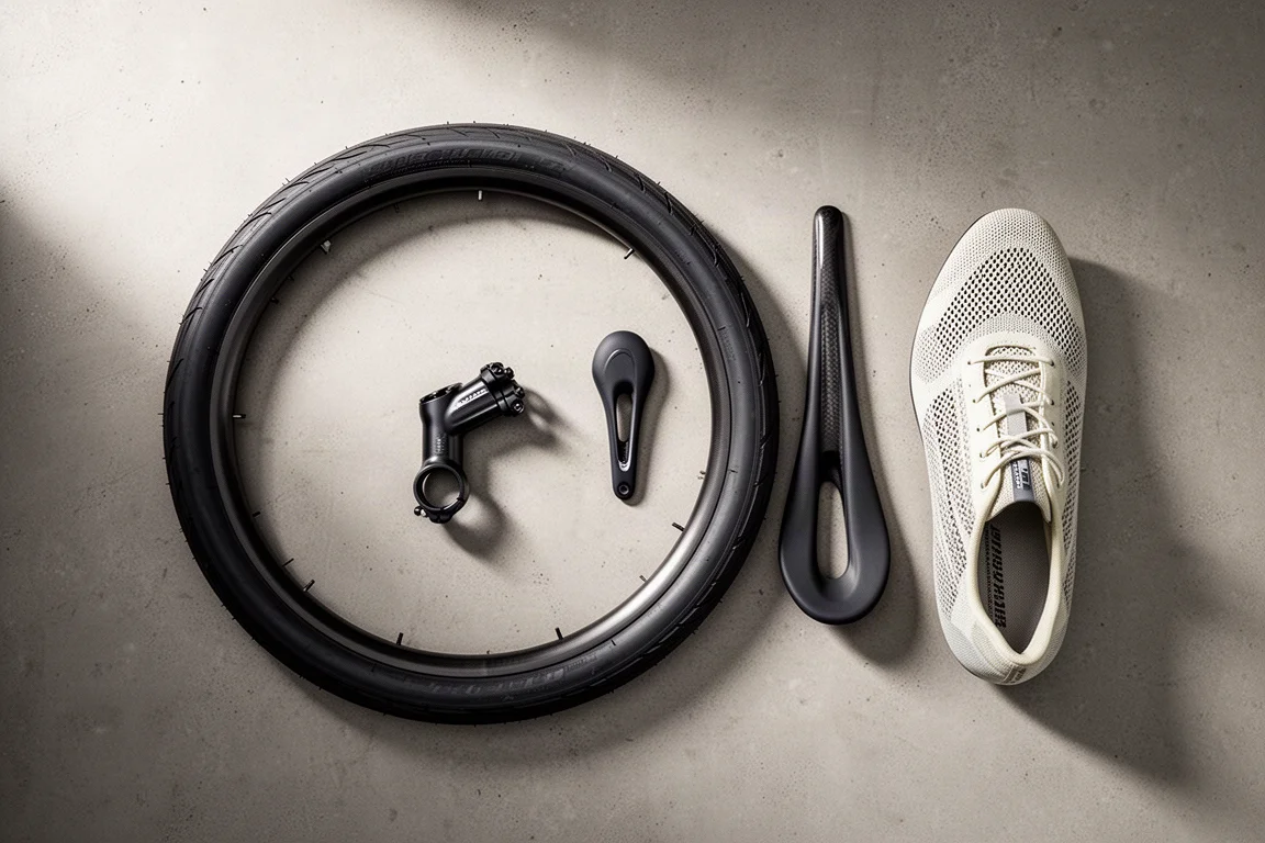 Vue à plat de composants de vélo de route, dont un pneu, une potence, une selle et une chaussure tissée, sur du béton