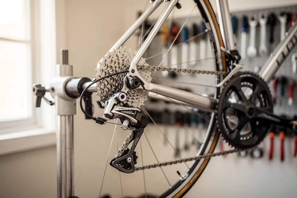Primer plano de una transmisión de bicicleta de carretera en un soporte de reparación en un taller luminoso