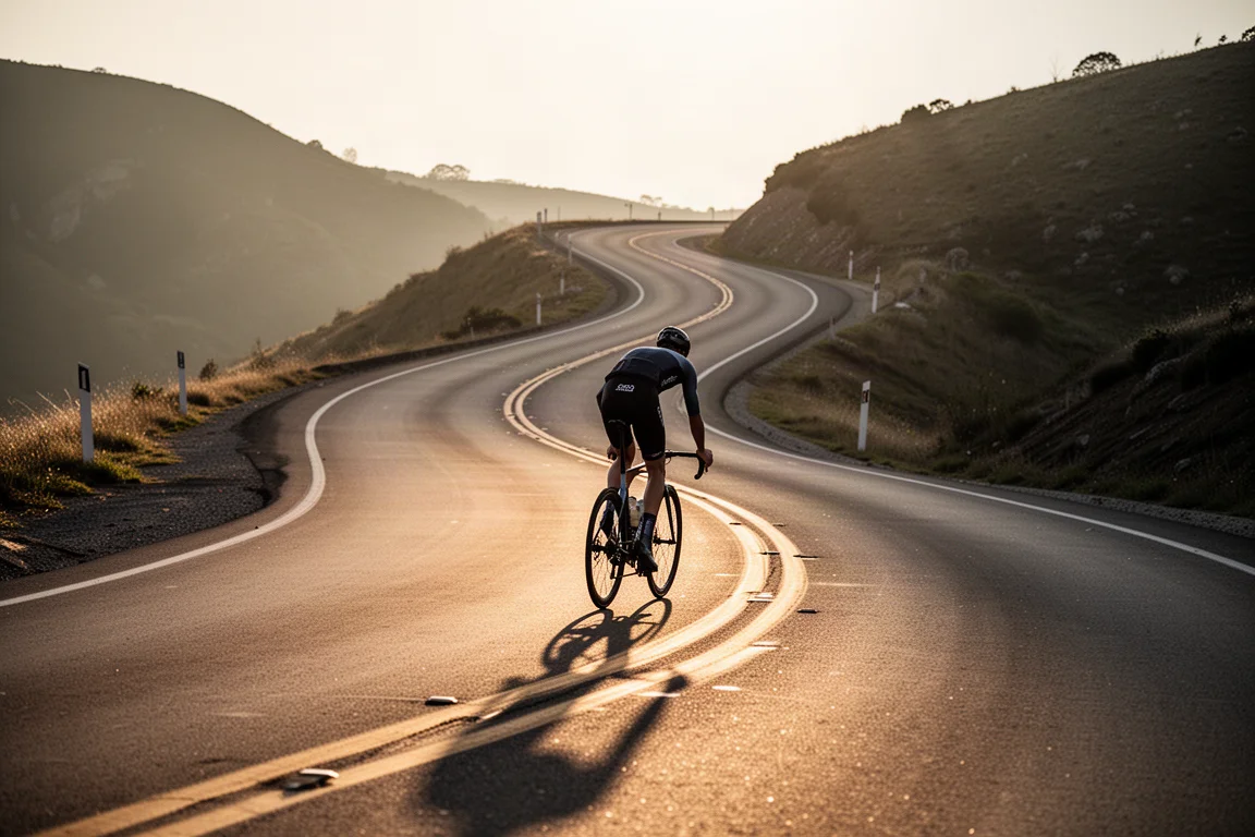 Ciclista subiendo una empinada carretera de curvas en hora dorada
