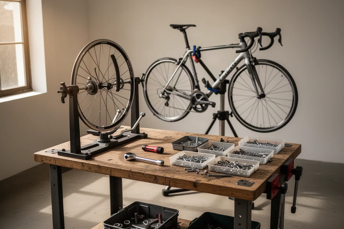 Banco de taller de bicicletas con herramientas y un cuadro en un soporte de reparación
