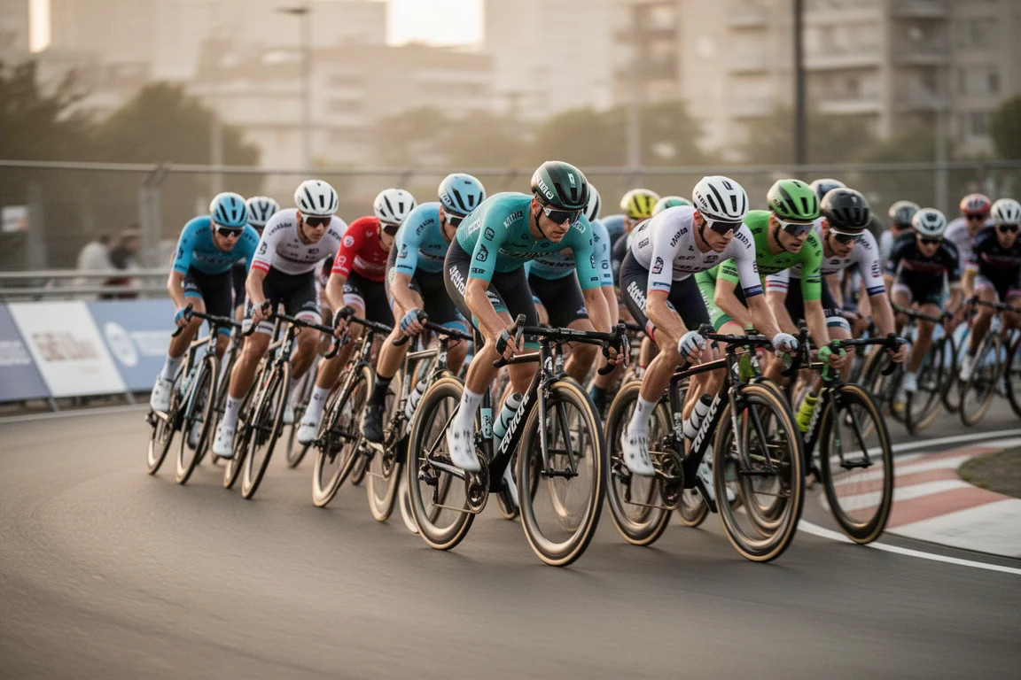 Ciclistas de criterium tomando una curva en un pelotón apretado a alta velocidad