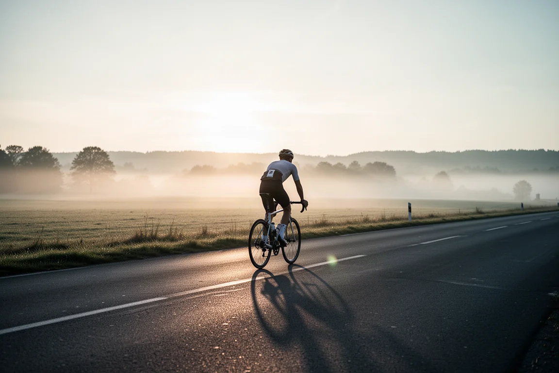 Ciclista de carretera rodando por una carretera abierta al amanecer con poca luz