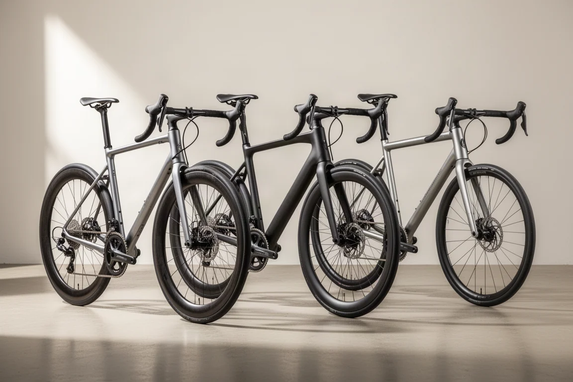 Tres bicicletas de carretera alineadas en un estudio sobre un suelo de hormigón mate