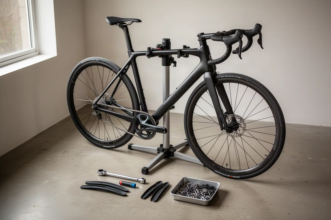 Racefiets op een werkstandaard, wielen eruit en gereedschap netjes uitgestald