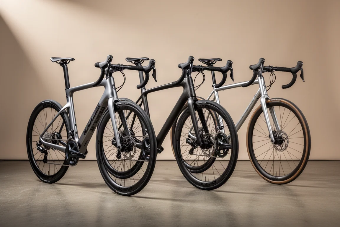Three road bikes with aluminium and carbon frames lined up on a concrete studio floor