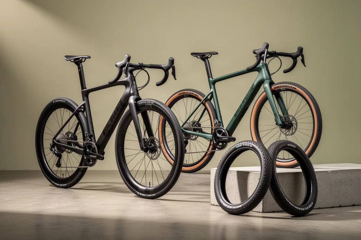 Vélo de route endurance et vélo gravel performant côte à côte sur du béton avec des pneus gravel