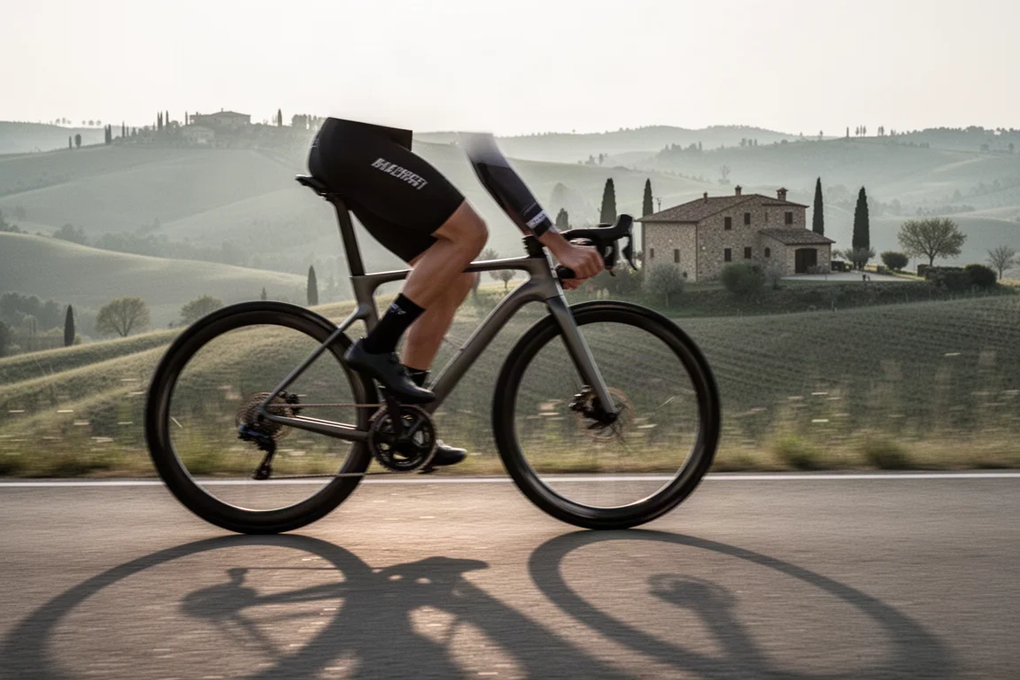Ciclista de carretera rodando sobre asfalto liso entre colinas de la Toscana