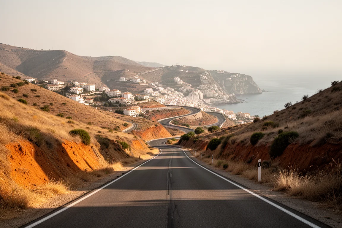 Wellige Küstenstraße, die sich in trockene Hügel über einer mediterranen Stadt windet