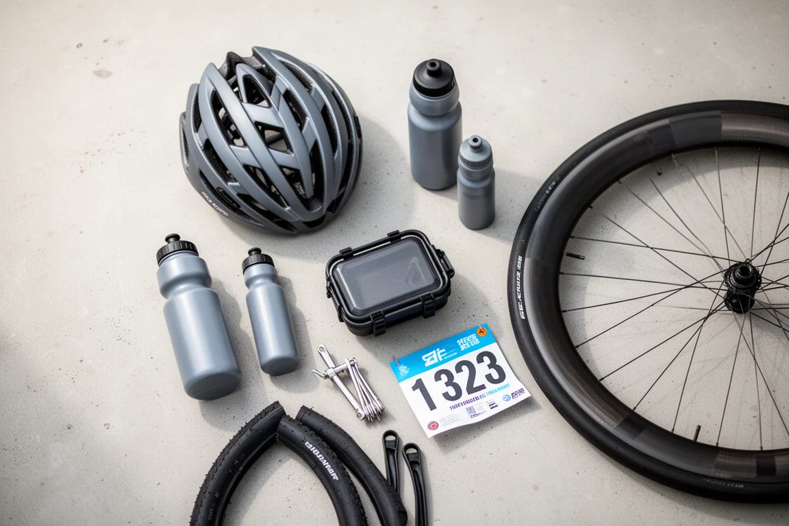 Flach gelegte Rennrad-Essentials auf Beton neben einem Laufrad