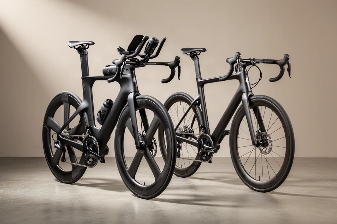 Triatlonfiets en racefiets met diepe carbon wielen naast elkaar op beton